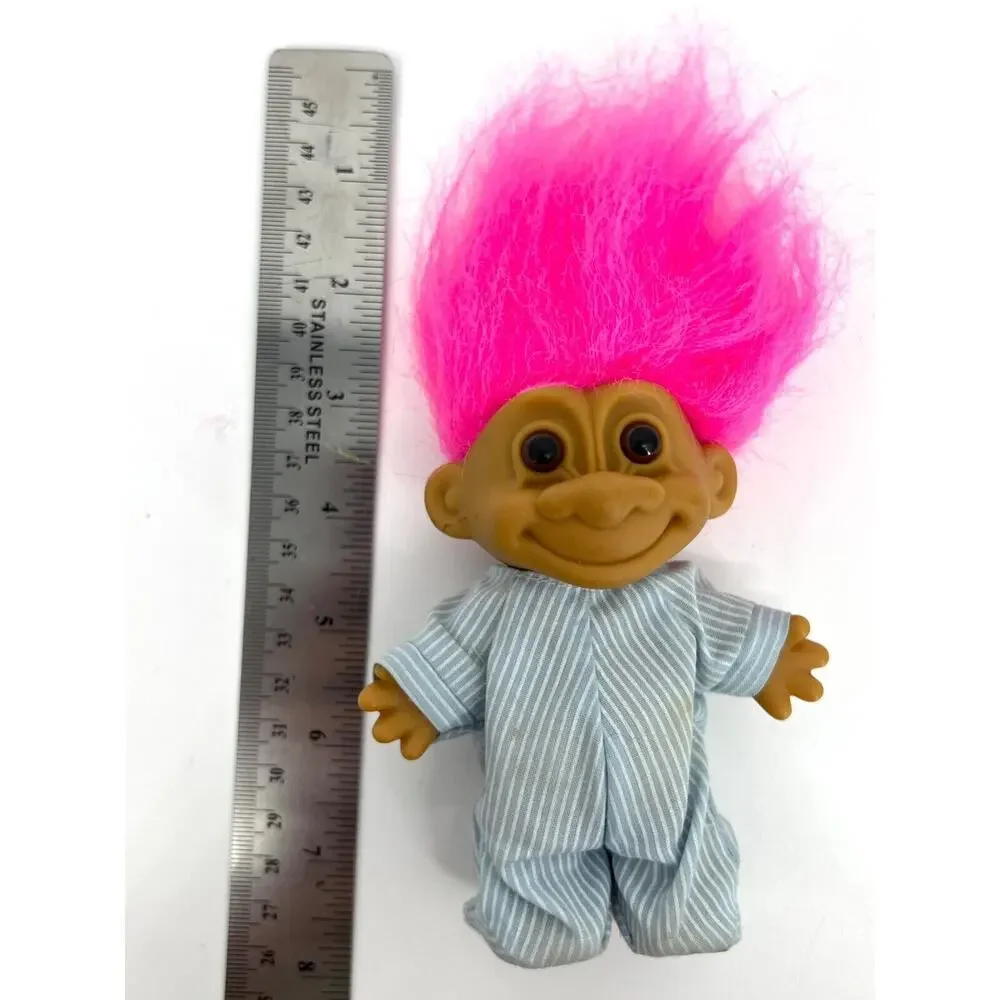 Vintage Russ Lucky Troll Doll with Pajamas Pink Hair Brown Eyes